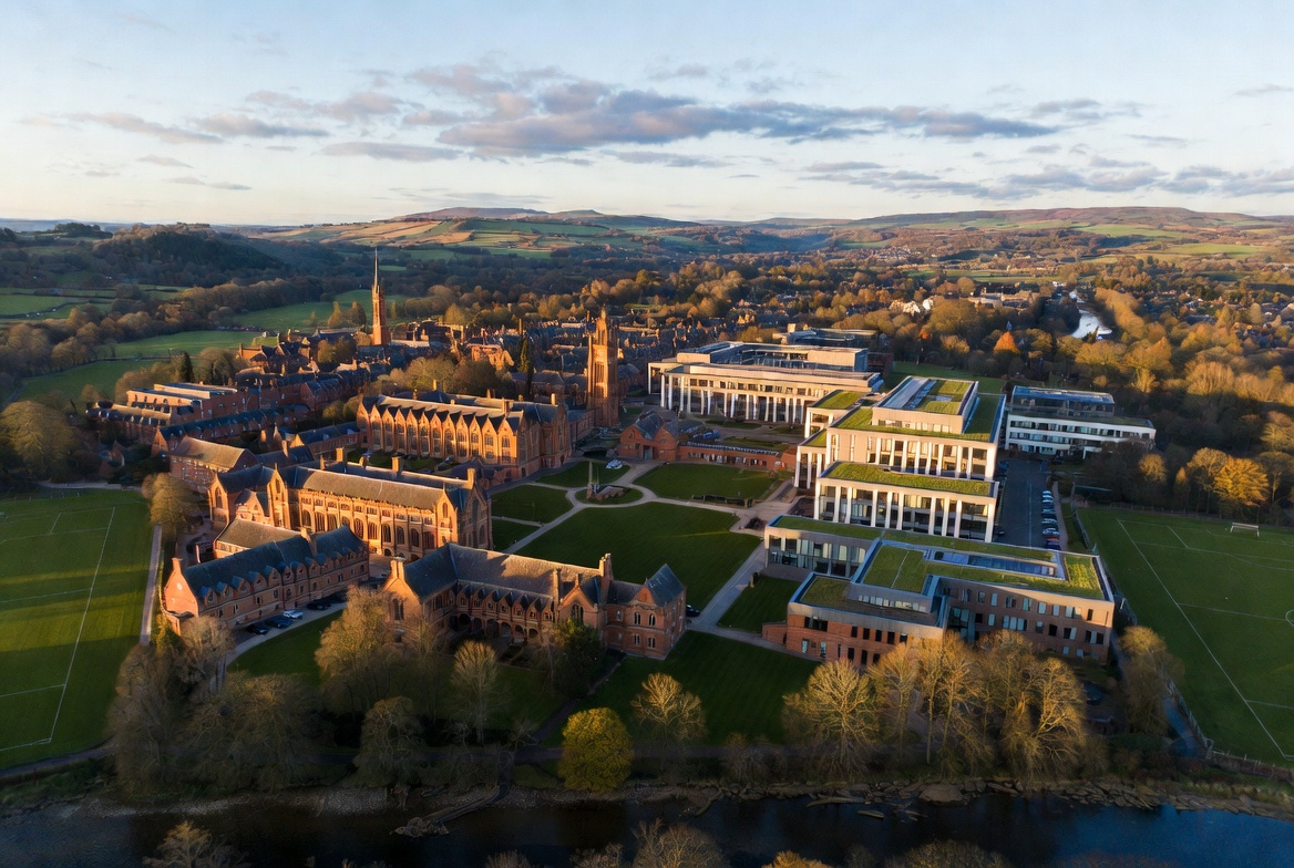Silesian Eurasia University historic quadrangle and clock tower at golden hour